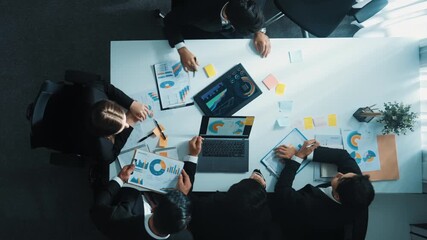 Wall Mural - top down aerial view of smart business man join meeting and present financial plan while diverse bus
