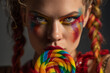 © Ольга Щербакова - Colorful carnival themed portrait featuring young woman with vibrant makeup and candy