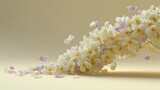 A graceful wave of white jasmine flowers and lilac petals flows diagonally on a soft cream background, creating a serene and elegant composition. Ideal for beauty, wellness, luxury designs.