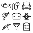 © Sergey - Basic Car Maintenance Icons. Outline style icons of Basic Car Maintenance: oil can with drop, tire pressure gauge, open car hood,