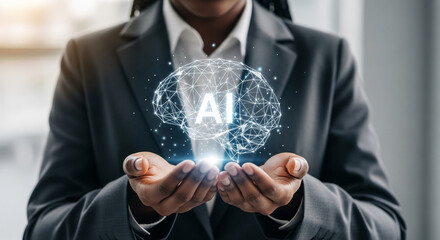 Wall Mural - person in business attire gently cradles glowing ai brain graphic, symbolizing artificial intelligen