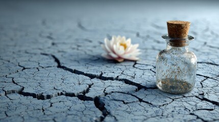 Small Glass Bottle with Seeds on Cracked Blue Earth and White Water Lily