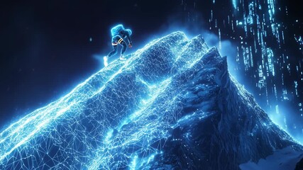 Wall Mural - man in futuristic suit climbing digital mountain with glowing lines and binary code, climber or hike