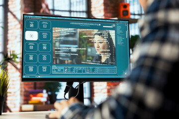 Graphic designer designing UX for AI software turning text prompt into photos. IT specialist in home office using machine learning tech to build text to image AI generative models