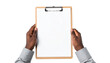 © photostockatinat - An Afro-American holding an empty clipboard, ready to fill it with important information. His hands are focused, with a nice sleeve shirt on his arm.