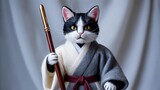 Anthropomorphic black and white cat in traditional Japanese ninja outfit
