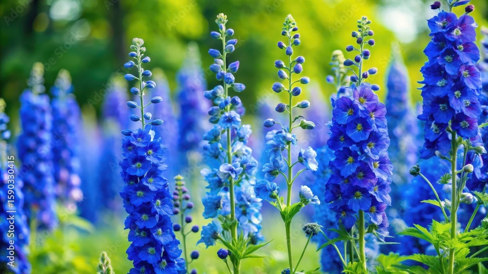 Vibrant blue delphiniums swaying gently in the breeze amidst lush green ...