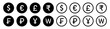 © TheOrigins - Currency symbols icons set. Dollar, Euro, Pound, Rupee, Franc, Ruble, Yen, Won, black and white vector illustration.