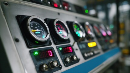 Wall Mural - closeup on a control panel showcasing various dials, gauges, and digital displays, indicating real t