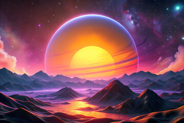 Wall Mural - A captivating digital illustration of a vibrant space landscape featuring a large orange sun against a dark sky with pink rolling hills in the foreground