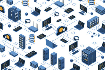 Wall Mural - isometric data network management. cloud storage data and synchronization of devices. networking, da