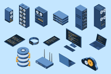 Wall Mural - set of isometric computer technology. isometric set server equipment. cloud network and database pla