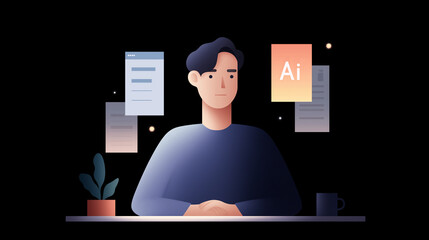 A man sits at a desk, surrounded by floating digital documents, an AI icon, and a plant, depicting a professional working with artificial intelligence and information management.
