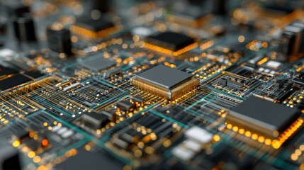 Wall Mural - closeup of a multilayer circuit board densely populated with tiny ai accelerator chips, each connect