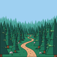 Wall Mural - a winding path through a dense forest under a clear blue sky.