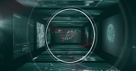 Wall Mural - Floating central overlay showing red DNA helix in futuristic data corridor, with holographic charts