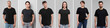 © New Africa - Different people in black t-shirts against grey background. Mockup for design