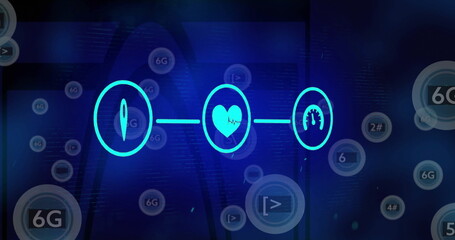 Wall Mural - Displaying three linked neon icons glowing on dark blue network interface, with floating 6G circles