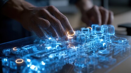 Wall Mural - engineer uses their hands to interact with a holographic projection of complex digital equipment, wi