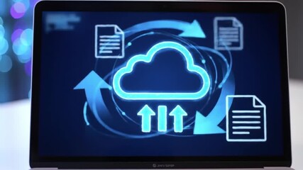 Wall Mural - digital blue cloud data transfer graphic displayed on laptop screen with circulating arrows and docu