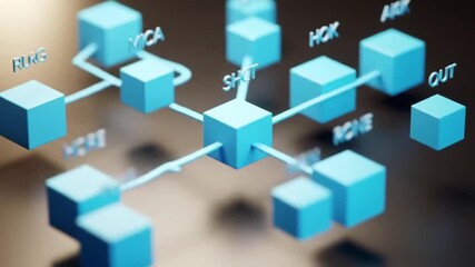 Wall Mural - interconnected blue cubes forming a network on a dark surface abstract digital structure soft focus 