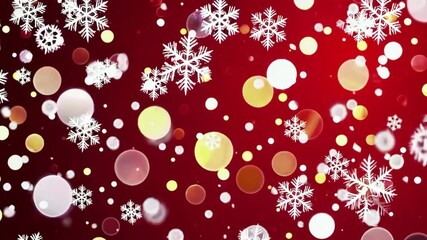 Wall Mural - Festive snowflakes falling on vibrant red background with golden bokeh accents