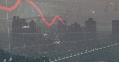 Wall Mural - On start red fluctuating line graph extending, oscillating over grid showing market decline trend