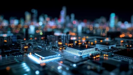 Wall Mural - illuminated electronic components and circuits creating connections and transmitting data against a 