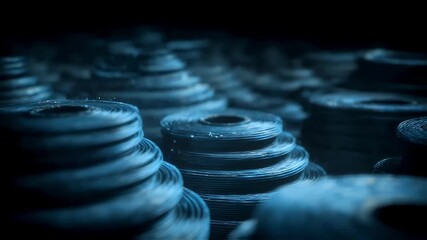 Wall Mural - coils emitting blue light and generating energy with floating particles around them in a dark enviro