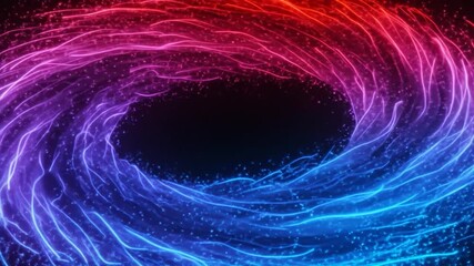 Wall Mural - Glowing, energy streams collide in space, sparking particles in dark background. Technology presentation backdrop