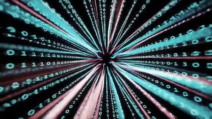 Binary Code Streams Converging Toward Center with Streaks of Light on Dark Background