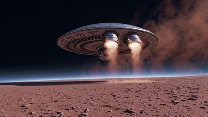 Wall Mural - A low-angle shot of a UFO landing on a barren landscape, with dust swirling. The scene evokes a sci-fi video game or movie atmosphere.