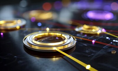 Wall Mural - 
Close-up of a digital interface with futuristic elements, with a blurry background of a computer screen displaying AI software in motion.