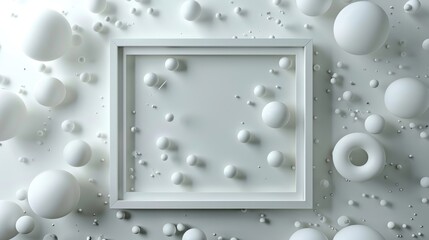 Wall Mural - minimalist design with geometric spheres surrounding a crisp rectangular white frame in center