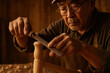 © Aleksandra - Focused elderly craftsman carefully smoothing wooden furniture leg with hand file in warm woodworking workshop