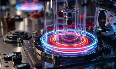 Wall Mural - a close-up of an advanced energy device with glowing neon rings, creating circular fields around it 