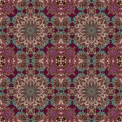 Wall Mural - Beautiful seamless pattern in burgundy, emerald, beige, wine and brown tones. Square print for napkin, pillow, bedspread, tablecloth, carpet. Ethnic motifs.