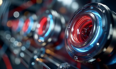 Wall Mural - a close-up of an advanced energy device with glowing neon rings, creating circular fields around it 