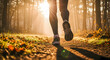 © FastIMG - Morning sunlight streams through trees as a person runs on a path, promoting health and fitness in nature.