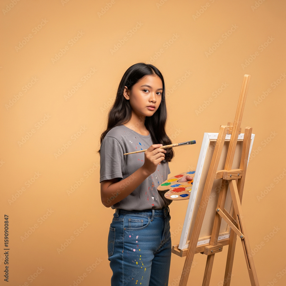 Young artist holding a paintbrush and palette near a canvas Stock Photo ...