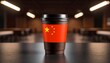 © photostockatinat - Coffee cup featuring the flag of China on a sleek table, symbolizing a blend of cultures and a moment of caffeine enjoyment