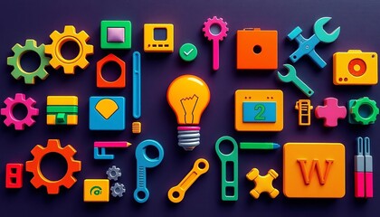 Colorful vector icons of computer tools, gear, bulb, wrench, and web development symbols,  graphic design,  flat design
