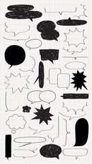 Wall Mural - collection of black and white speech bubbles in various shapes and sizes on a grid background. speec
