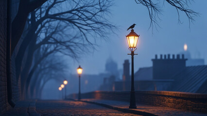 night street lights with bird and fog view