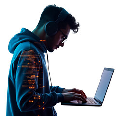 focused programmer immersed in digital creation, illuminating the digital solitude, highlighting