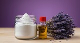 Lavender essential oil baking soda and dried lavender flowers for natural remedies