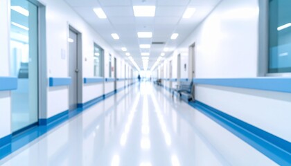  A long, bright hallway in a hospital or clinic with doors and a person in the distance.
