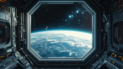 Wall Mural - a stunning video concept of earth from space, captured through a spacecraft window. the wide-angle v