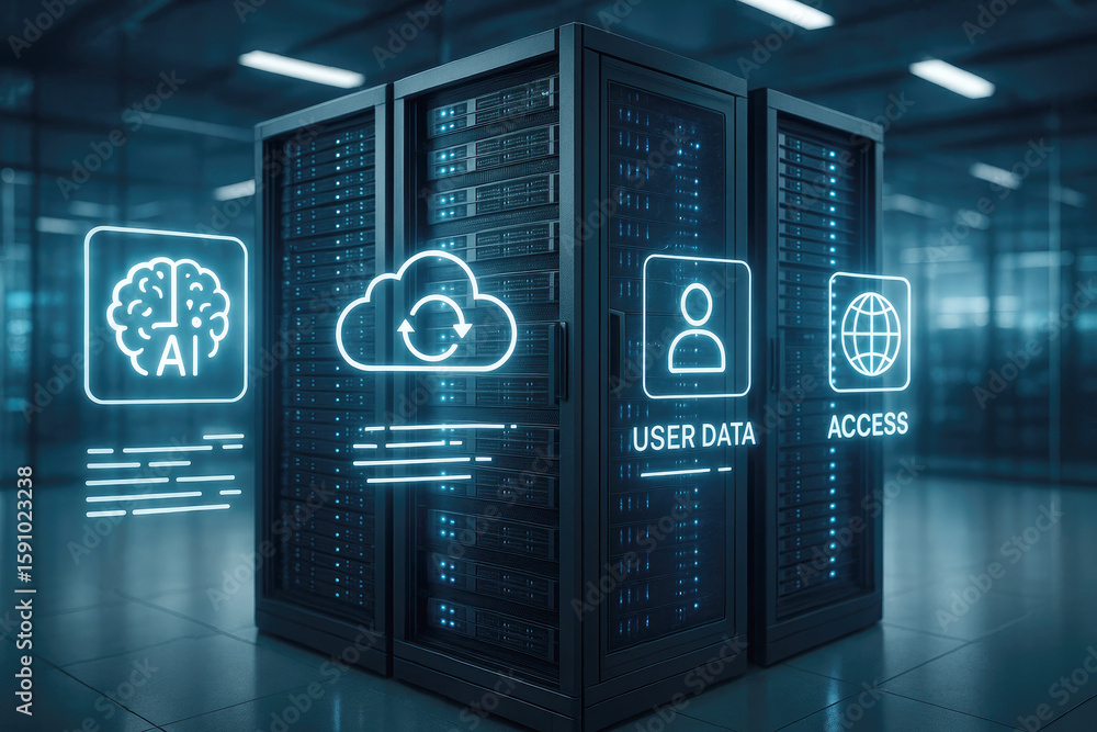 Glowing AI Cloud User Data Access Icons Above Server Racks data center ...