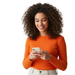 © enamulhaque200 - Smiling woman with phone in orange shirt isolated on transparent background